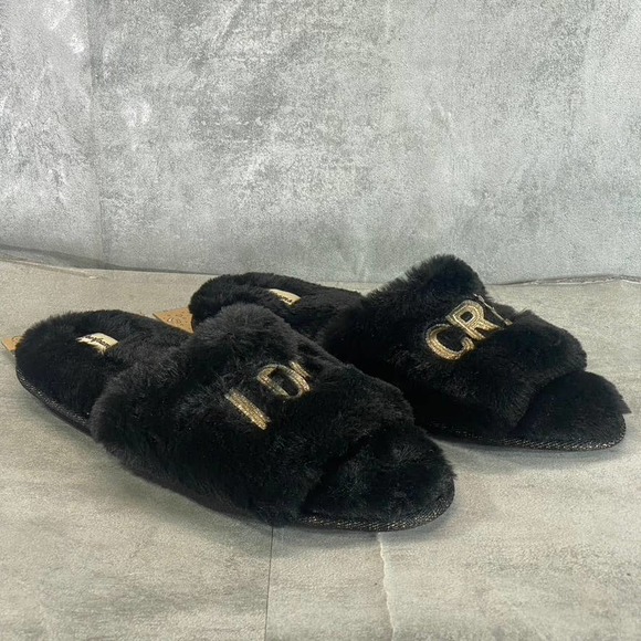 Dearfoams Women's Black Faux-Fur Memory Foam I do Crew Slide Slippers SZ XL - Picture 5 of 10